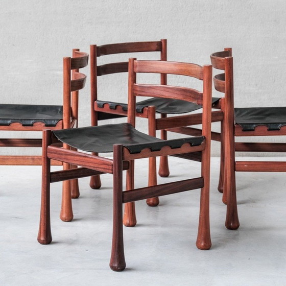 Image 1 of Set van 4 vintage eetkamerstoelen van hout en leer, Italië 1960