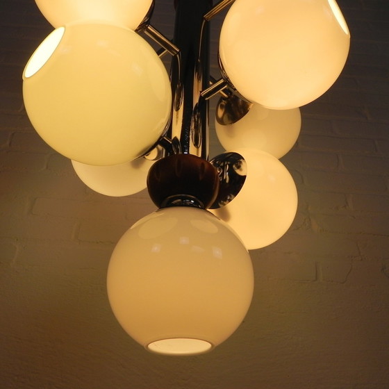 Image 1 of Chromen Vintage Hanglamp Met 9 Witte Glazen Bollen, Jaren, 60