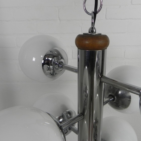 Image 1 of Chromen Vintage Hanglamp Met 9 Witte Glazen Bollen, Jaren, 60