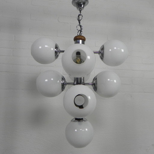 Chromen Vintage Hanglamp Met 9 Witte Glazen Bollen, Jaren, 60