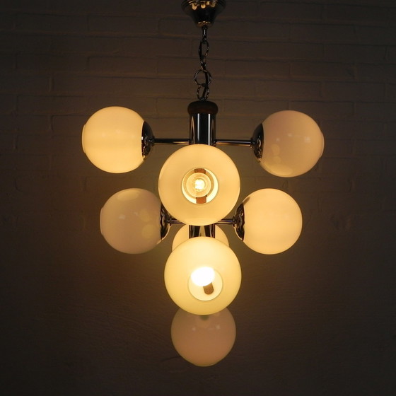 Image 1 of Chromen Vintage Hanglamp Met 9 Witte Glazen Bollen, Jaren, 60