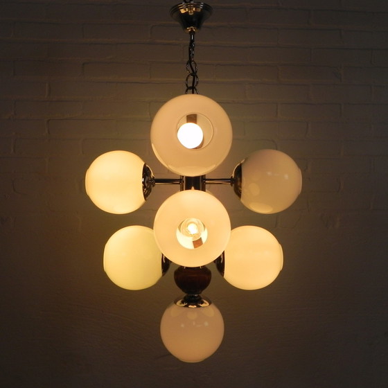 Image 1 of Chromen Vintage Hanglamp Met 9 Witte Glazen Bollen, Jaren, 60