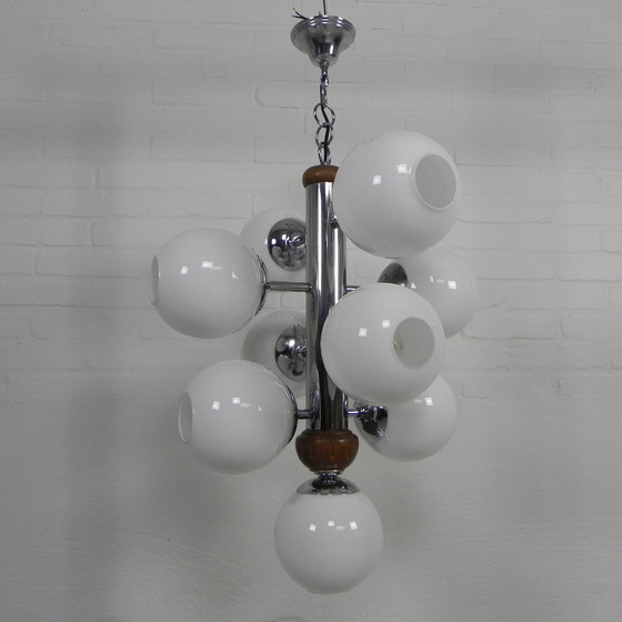 Image 1 of Chromen Vintage Hanglamp Met 9 Witte Glazen Bollen, Jaren, 60