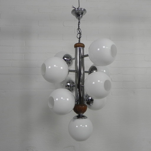 Chromen Vintage Hanglamp Met 9 Witte Glazen Bollen, Jaren, 60