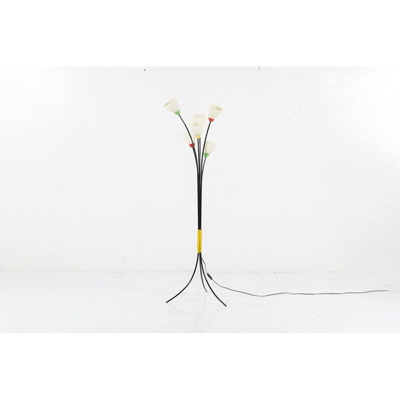 Image 1 of Vintage Franse 6-lichts vloerlamp van glas en metaal 1950