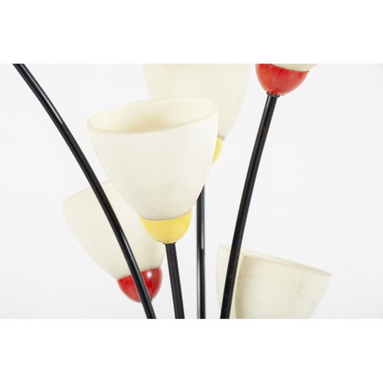 Image 1 of Vintage Franse 6-lichts vloerlamp van glas en metaal 1950