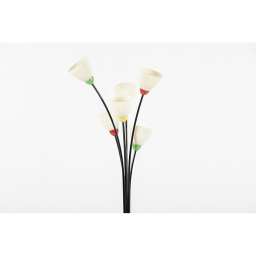 Vintage Franse 6-lichts vloerlamp van glas en metaal 1950