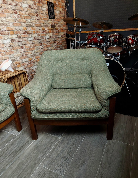 Image 1 of Brutalistische wollen bank en fauteuil van Hain & Thome, jaren 1970, set van 2, zeldzaamheid