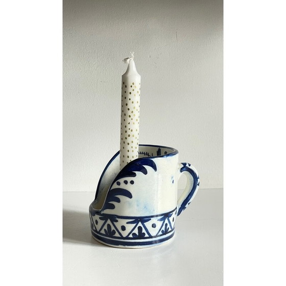 Image 1 of Vintage handkandelaar in blauw keramiek