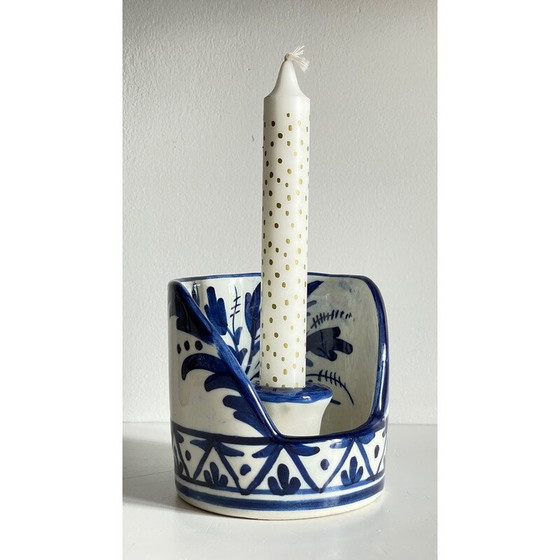 Image 1 of Vintage handkandelaar in blauw keramiek