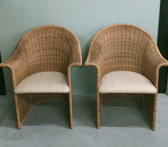 Image 1 of Vintage Luit van der Helm Rotan Slederok Stoelen (Nieuw Gestoffeerd).