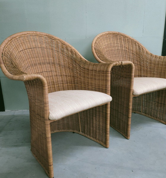 Image 1 of Vintage Luit van der Helm Rotan Slederok Stoelen (Nieuw Gestoffeerd).