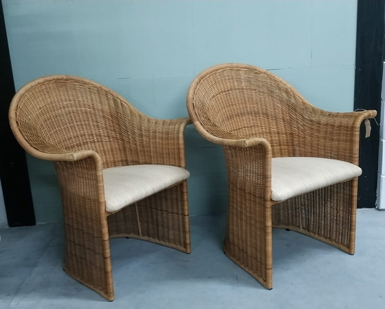 Image 1 of Vintage Luit van der Helm Rotan Slederok Stoelen (Nieuw Gestoffeerd).