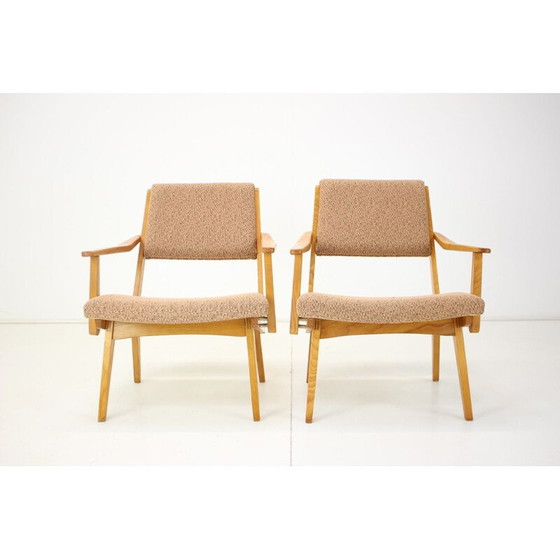 Image 1 of Paar vintage stoffen en houten fauteuils van Krasna Jizba, Tsjecho-Slowakije 1960