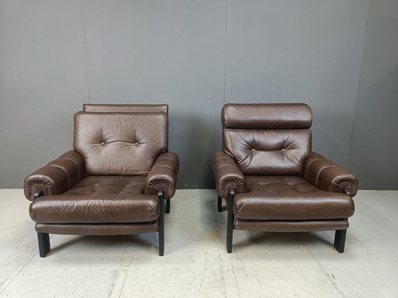 Image 1 of Paar leren fauteuils gemaakt in Denemarken, jaren 1960