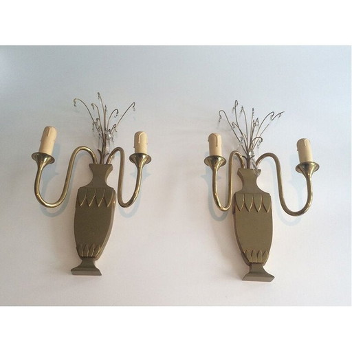 Paar vintage wandlampen van messing en kristal, 1940