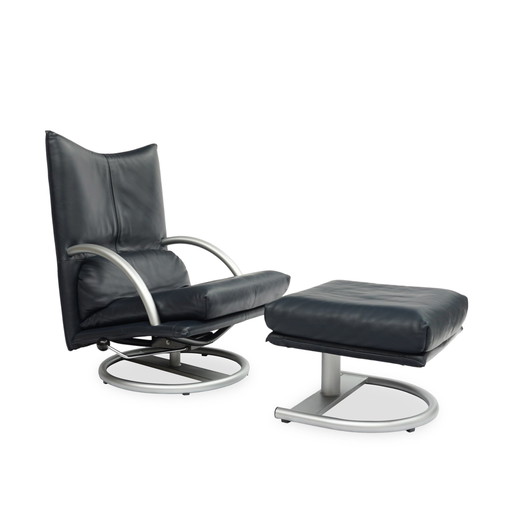 Rolf Benz Bmp 418 Torino | Fauteuil & Kruk | Donkerblauw leer