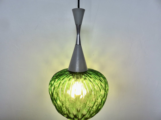 Image 1 of Hanglamp "Targetti Sankey" Italië In Groen Geblazen Glas 70's