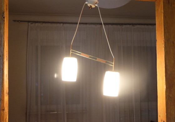 Image 1 of Plafondlamp 50s messing beuken 2-lichts asymmetrisch