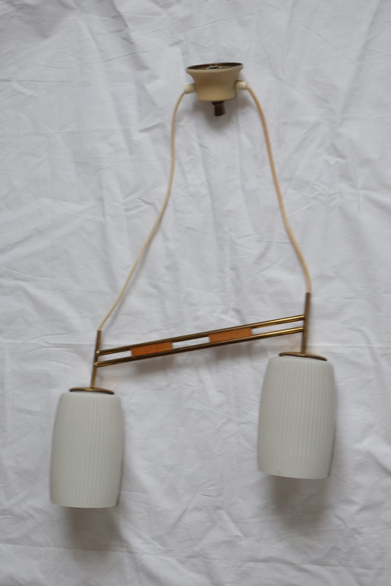 Image 1 of Plafondlamp 50s messing beuken 2-lichts asymmetrisch