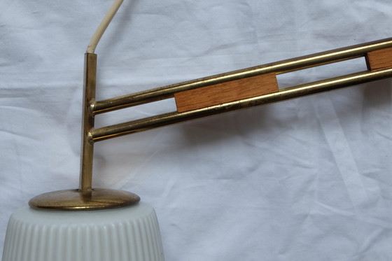 Image 1 of Plafondlamp 50s messing beuken 2-lichts asymmetrisch