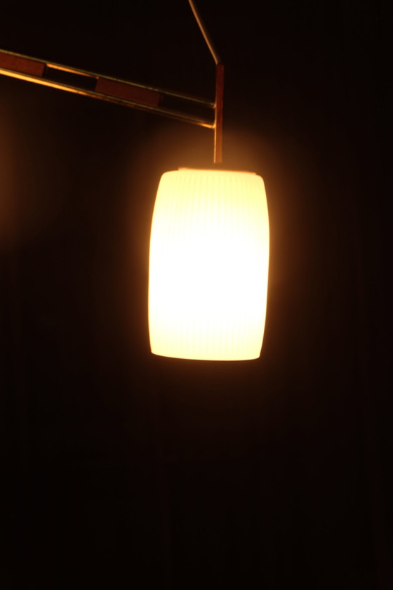 Image 1 of Plafondlamp 50s messing beuken 2-lichts asymmetrisch