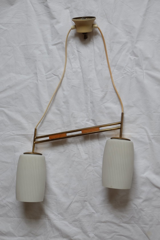 Image 1 of Plafondlamp 50s messing beuken 2-lichts asymmetrisch