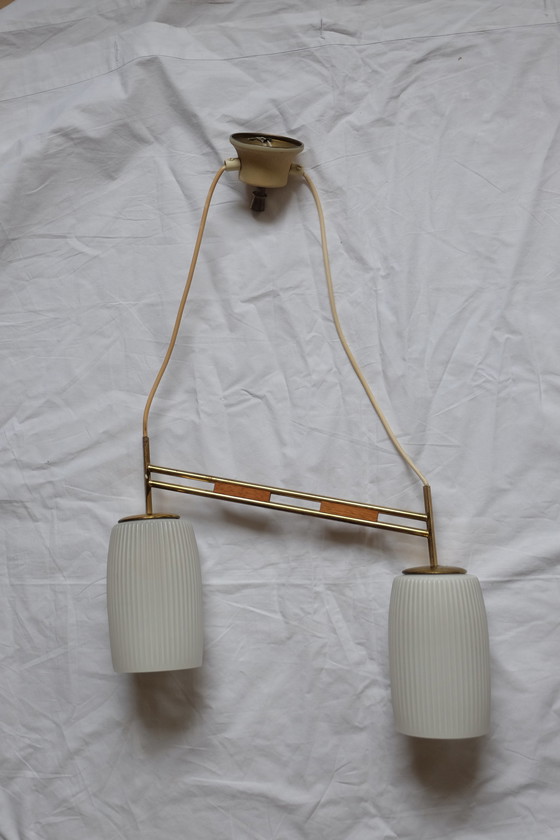 Image 1 of Plafondlamp 50s messing beuken 2-lichts asymmetrisch