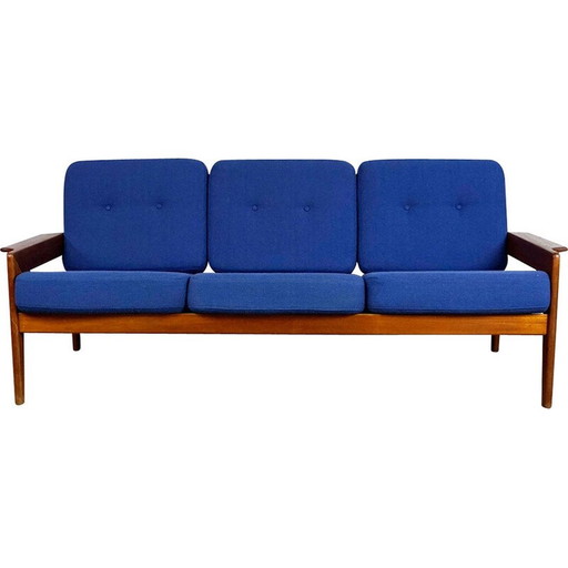 Scandinavische vintage sofa in teakhout en blauwe stof van A.W. Iversen voor Komfort, Denemarken 1960