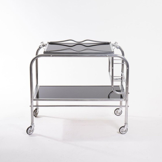 Image 1 of Vintage art deco aluminium en glazen bar cart, 1930