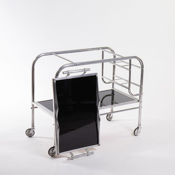 Image 1 of Vintage art deco aluminium en glazen bar cart, 1930