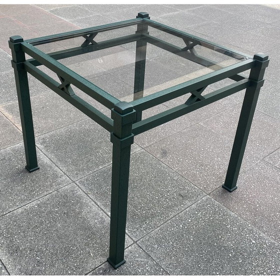 Image 1 of Paar vintage glazen en ijzeren bijzettafels van Pierre Vandel