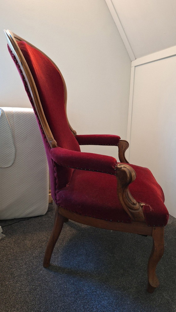 Image 1 of Antiek Biedemeier Fauteuil Bordeaux-Rood