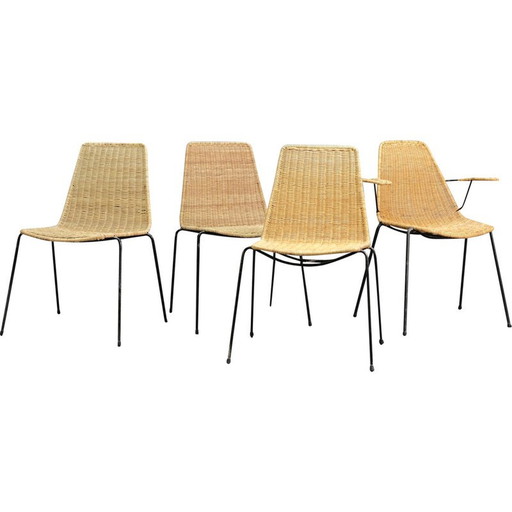 Set van 4 vintage ijzeren eetkamerstoelen, vlechtwerk, Italië 1950