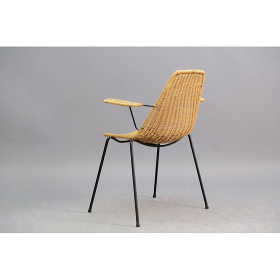 Image 1 of Set van 4 vintage ijzeren eetkamerstoelen, vlechtwerk, Italië 1950