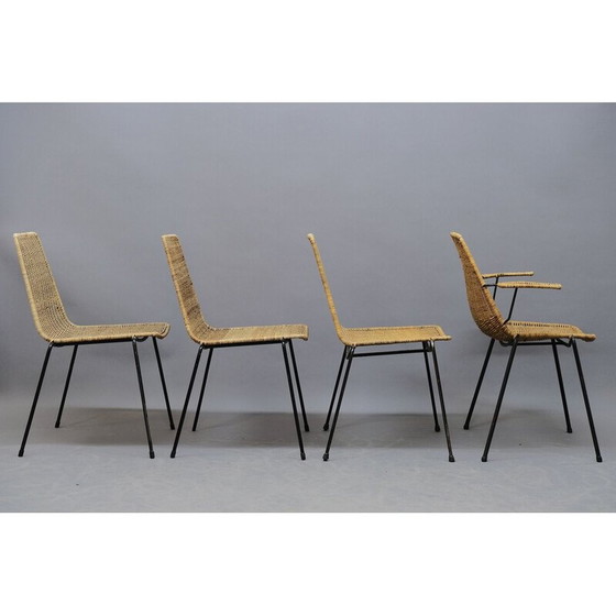 Image 1 of Set van 4 vintage ijzeren eetkamerstoelen, vlechtwerk, Italië 1950