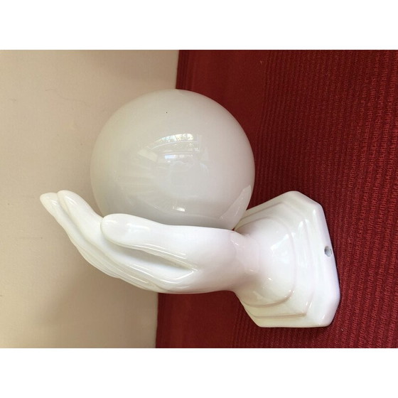 Image 1 of Paar vintage keramische wandlampen met witte opaline bol