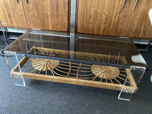 Chrome, Lucite, Smoked Glass & Rattan Coffee Table, Netherlands 1964