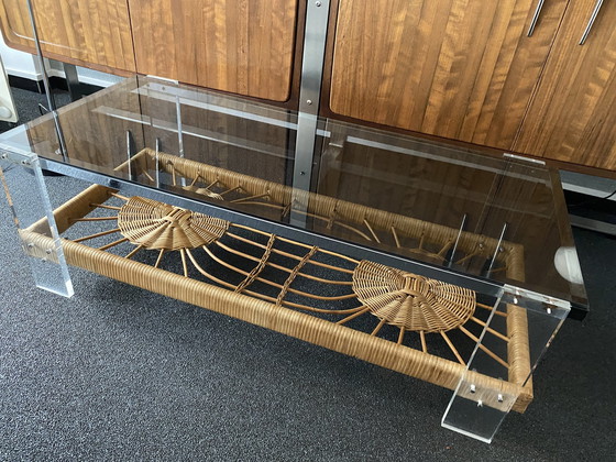 Image 1 of Chrome, Lucite, Smoked Glass & Rattan Coffee Table, Netherlands 1964