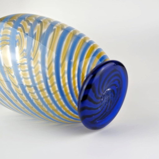 Vintage Murano Swirl Vaas Fratelli Toso Blauw Geel Glas Strepen Glas Venetië Tonelli Mid Century Vaas 1950