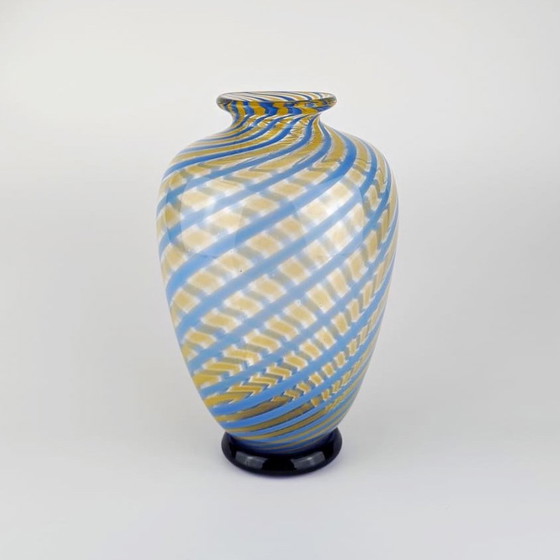 Image 1 of Vintage Murano Swirl Vaas Fratelli Toso Blauw Geel Glas Strepen Glas Venetië Tonelli Mid Century Vaas 1950