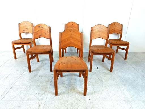 6x Vintage grenen houten eetkamerstoelen
