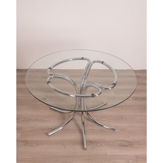 Image 1 of Vintage ronde tafel met metalen structuur en glazen blad, 1970