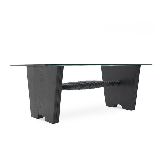 Image 1 of Vintage salontafel met glazen blad en zwart gebeitst houten structuur, jaren 1930