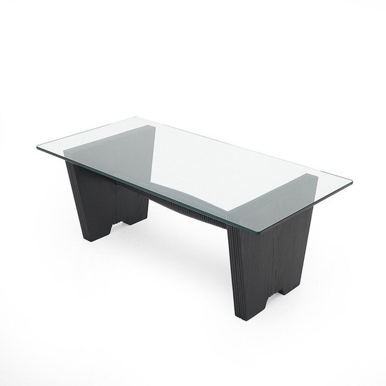 Image 1 of Vintage salontafel met glazen blad en zwart gebeitst houten structuur, jaren 1930