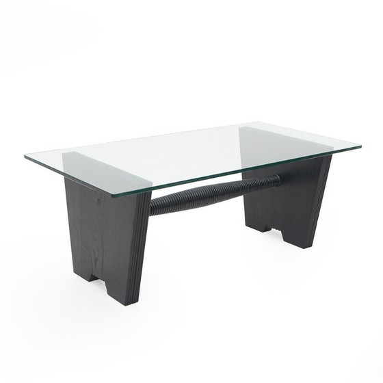 Image 1 of Vintage salontafel met glazen blad en zwart gebeitst houten structuur, jaren 1930