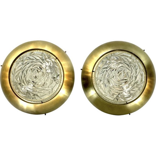Paar vintage glazen en gouden wandlampen van Stilux Milano, 1960