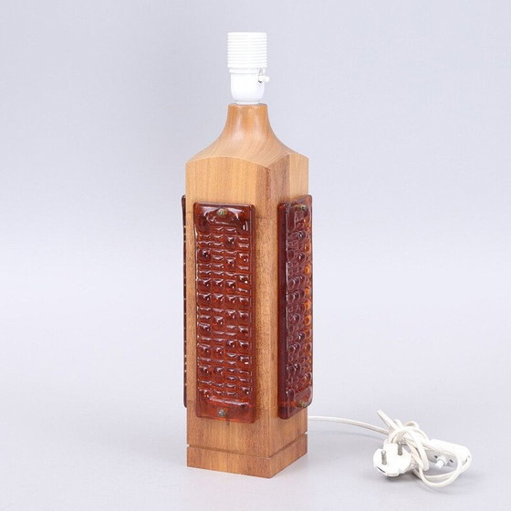 Image 1 of Vintage teakhouten lamp met 4 glazen platen, Zweden