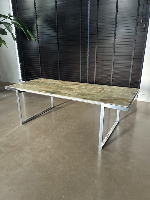 Midcentury Salontafel Onyx Marmer Met Chromen Onderstel