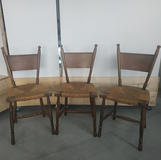 3X Unieke Brutalistische Rieten Jaren 50-60 Eetkamerstoelen